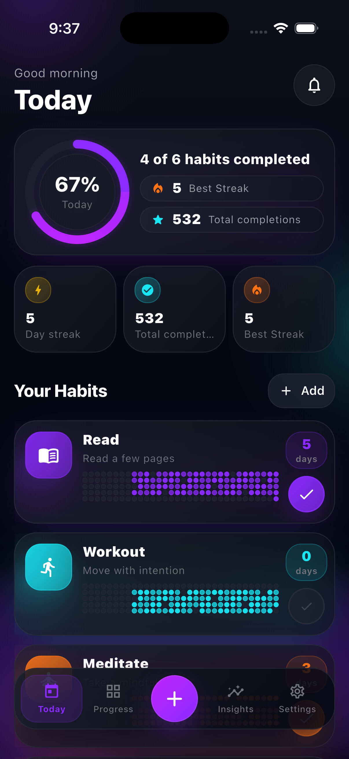 Visual Habits home screen with habit grid